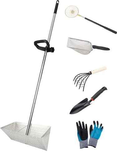 KFGISD, Rastrillo de Playa y de pulgas de Acero Inoxidable con Cesta Ancha de 15,8 Pulgadas, Mango Largo Desmontable y rastrillo for Playa y pulgas.,Rastrillo de Hierba Muerta
