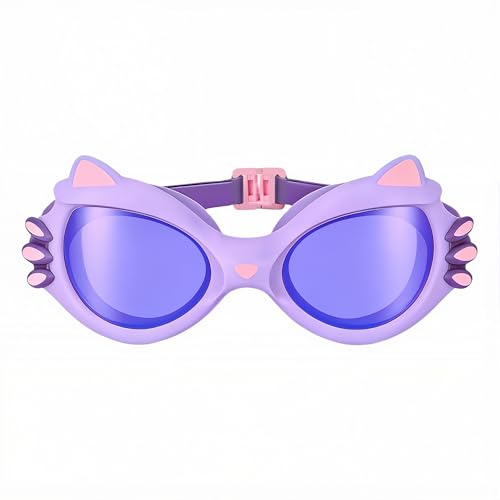 Purple Girls Swim Goggles Age 3-10, Cat Swim Goggles for Girls, Anti-Leak Anti-Fog UV Protection, Adjustable Strap Soft Comfortable Fit. Ideal For Outdoor Indoor Swimming Pool/Beach/Swimming Classes.