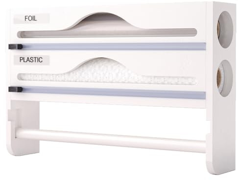 Dispensador Papel Aluminio y Film 3 in 1 Dispensador de Láminas de Madera Blanco con Portarrollos Cocina Marrón Organizador para Aluminio y Fim