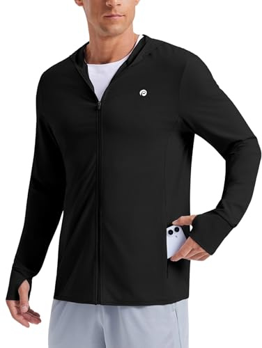 PINSPARK Men's UPF50+ Full Zip Outdoor Hoodies Lightweight Sun Protection Long Sleeve Jacket for Fishing Hiking with Pockets Black