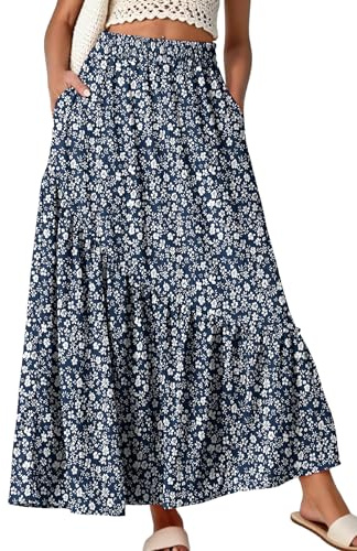 GRECERELLE Falda larga de verano para mujer, cintura elástica, estilo bohemio, acampanada, con bolsillos y dobladillo con volantes, para vacaciones y uso casual, A01 flor azul y blanca, XXL