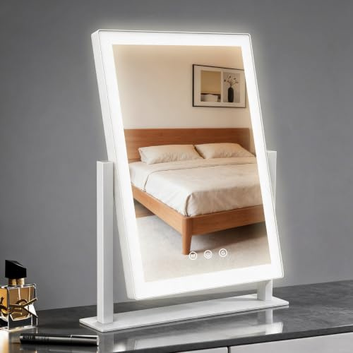 AIMAX Schminkspiegel mit Beleuchtung,27.5x37.5cm,360° Drehung,Kosmetikspiegel mit mit Led,3 Lichtmodi & Dimmbar,Touch-Steuerung,Tischspiegel Für den Schminktisch,Fürs Schminken,Weiß