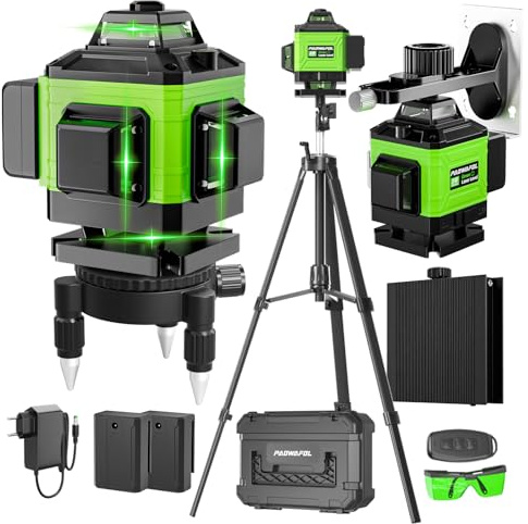 Kreuzlinienlaser Grün 4D 16 Linien Nivellierlaser mit Stativ, 4 * 360° Laser wasserwaage, linienlaser kreuzlaser selbstnivellierend für Innenbereich Baustelle, 2 * 2400mAH Batterien Vermessungskabine