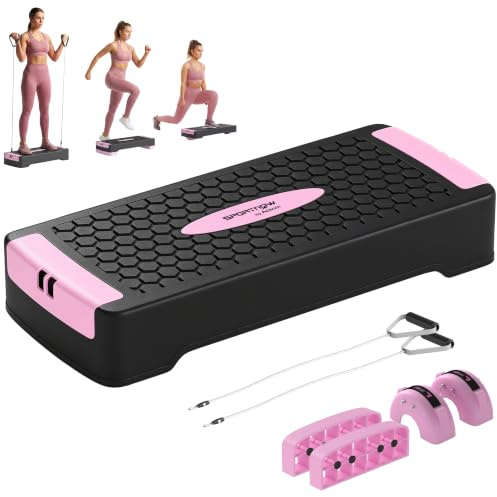 SPORTNOW Steppbrett Höhenverstellbar Fitness 2 Stufen (11/16 cm) | Aerobic Stepper, 2 Widerstandsbändern, Anti-Rutsch-Matte, Rutschfest Step Bench, für Zuhause Fitnessstudio Büro