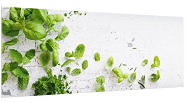 Bilderwelten Glas Küchenrückwand - Kräuter auf Holz Shabby | Spritzschutz | inkl. Magnethalterung | Küchenspiegel | HxB: 50cm x 125cm