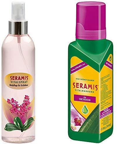 Seramis Blattpflege für Orchideen, Vitalspray, Transparent, 250 ml & Flüssiger Pflanzendünger mit Dosierhilfe für Orchideen, Vitalnahrung, 200 ml, Grün