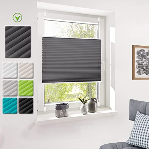 Deswell Plissee ohne Bohren Plisseerollo klemmfix Anthrazit B95 x H120 cm Plisseerollo Stoff Sonnenschutz Leicht zu Montieren & Verspannt kinderleichte Montage 4Locks für Fenster & Tür