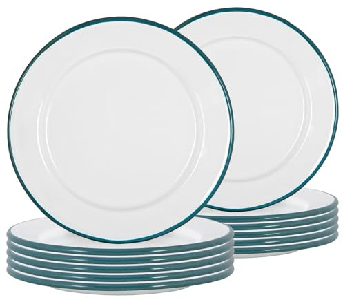 Argon Tableware Enamel Side Plates - 20cm (8inch) - Green - Set of 12 Small Dish Coloured Rim Dessert Plates Metal Enamel Tableware Dinner Set for Kitchen, Dining, Serving, Camping & Outdoor Use