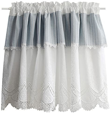 SGAIYUNRT Halber Vorhang, Kurzstores Gardinen Hohlen, Bistrogardine des Weiß Gestickten Blau Gestreiften Mittelmeers/Doppelschicht / W126×H53cm