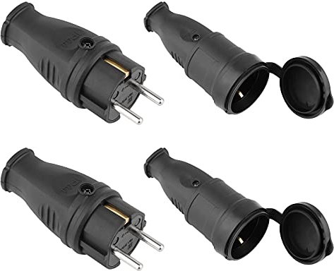 Schukostecker und Schukokupplung, Schutzkontaktstecker, 2er Pack Schutzkontakt Set mit Knickschutz, Kann für 0.5-3cm² Kabel, IP44, 250V, 16A