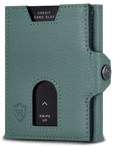VON HEESEN Slim Wallet mit RFID Schutz - Geldbörse Herren klein - Mini Geldbeutel Damen Portmonee - Kartenetui Echtleder Karten Portemonnaie - Leder Kreditkartenetui Türkis Silver Pine