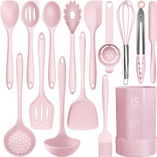 AOTHOD Silicone Cooking Utensils Set - 446°F Heat Resistant Kitchen Utensils, Spatula,Turner Tongs,Spoon,Whisk,Kitchen Utensil Gadgets Tools Set for Nonstick Cookware,Dishwasher Safe BPA Free(Pink)