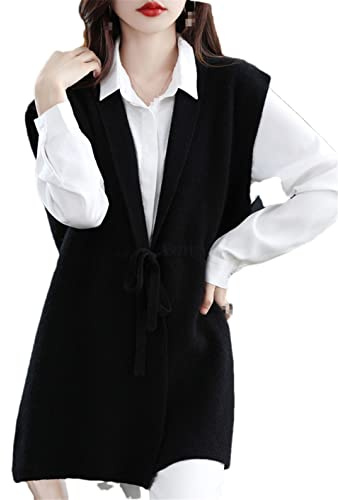 Vsadsau Cardigan long pour femme 100 % cachemire - Tricot solide - Sans manches - Ceinture à nouer, Noir , taille unique