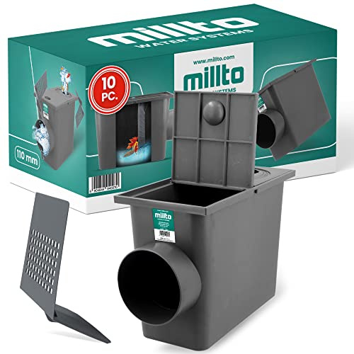 Millto 10x Regensinkkasten mit Sieb 110mm Regenwasserablauf Dachrinnenablauf Hofablauf Entwässerung Abflusstrichter Gully Siphon Gechteckiger Kontrollschacht Rückstauverschluß Geruchsklappe