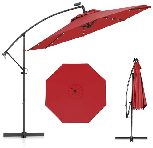 COSTWAY Ombrellone da Giardino 300 cm, 32 Luci LED Solari, Anti-UV, Inclinazione Regolabile, Manovella, 8 Stecche per Esterno Piscina Patio (Rosso)