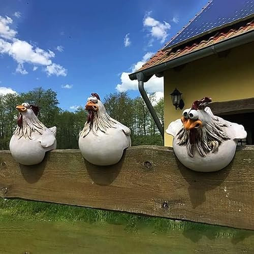 COJJ-3 PCS Funny Face Chicken Fence Ornament, 14CM Resin Craft Chicken Figurine Statue, Rooster Farm Yard Art Sculptures Decor, Garden Ornaments Outdoor for Backyard Patio(3 Pack)