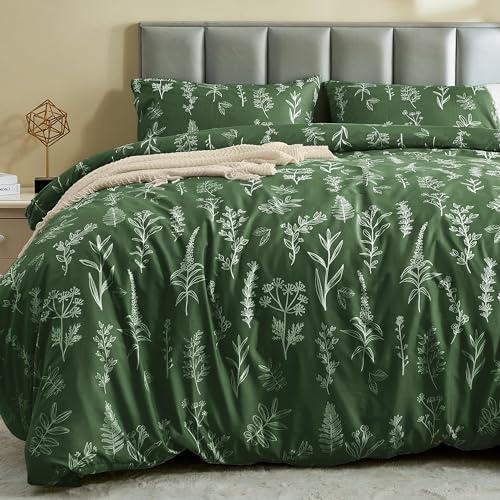 MUXHOMO Duvet Cover Full Size, Reversible Floral Dark Green Duvet Cover Set with Zipper Closure, 3 Pieces Botanical Patterns Soft Microfiber Bedding Set with 4 Ties (80x90, 2 Pillow Cases)