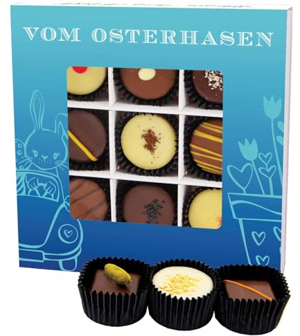Hallingers Genuss Manufaktur Pralinen Oster-Geschenk - ohne Alkohol, handmade aus Confiserie-Edelkakao in wertiger L-Geschenkbox Vom Osterhasen, Ostern Körbchen für Frauen Männer