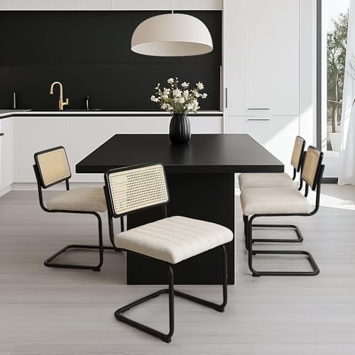 Zibeths Mid Century Modern Dining Chairs Set of 4, Natural Rattan Kitchen Chairs with Solid Wood Back, Upholstered Linen Seat Side Chairs for Dining Room, Cesca Style