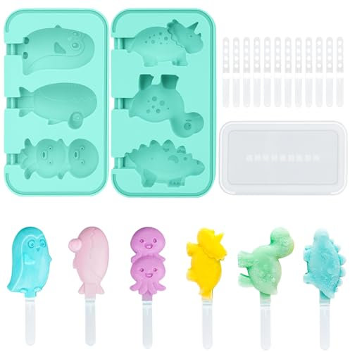 LOULANLUXE Eisformen Eis am Stiel, Silikon Eisformen mit Stiel 2 Stück Wiederverwendbar Popsicle Molds mit Silikondeckel Erstellung Lustiger Wassereis Formen für Dinosaurier und Meereslebewesen