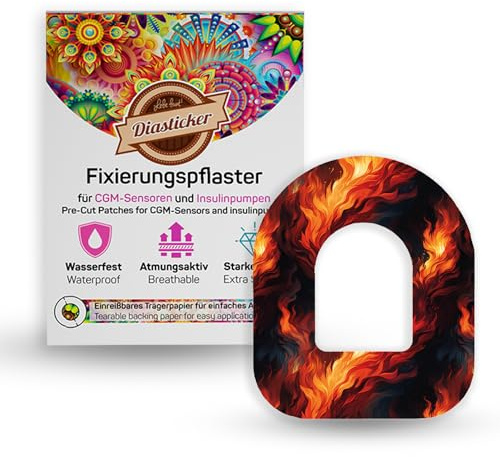 Diasticker® Pansements pour Omnipod (5 pièces, feu) | Imperméable – Doux pour la peau – Respirant – Forte adhérence | Pansements de fixation auto-adhésifs pour fixation des pods