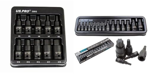 US PRO Tools 10pc Impact Hex Bit Socket Set 1/2'' Drive 4mm to 19mm 3593 & 15pc Impact Torx Bit Socket Set 1/4 3/8 1/2 T6-T70 TRX-Star US Pro Industrial