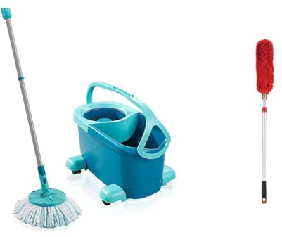Leifheit Clean Twist Disc Mop Ergo Mobile Set, Moisture Controlled Spin, Wheeled & OXO Good Grips Extendable Microfibre Duster