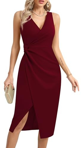 Missufe Dam cocktailklänning omlottklänning festklänning aftonklänning elegant bodycon v-ringad midiklänning med slits figurnära ärmlös bröllop festliga twist klänningar, Vinröd, M