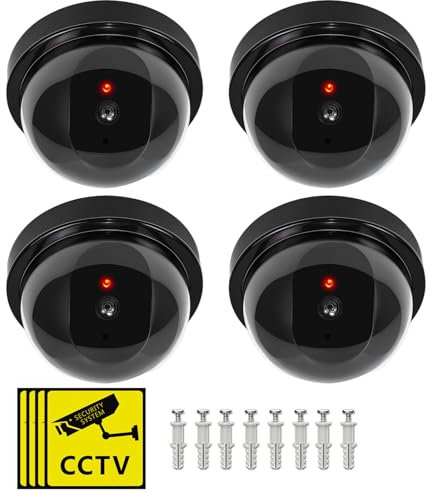 FSWWSF Set di 4 Telecamera finta Interno Energia Solare Videocamera Antifurto con LED Rosso CCTV d'Imitazione