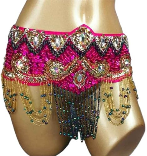 UGLYAF Frauen Dame Bauchtanz Kostüm Hüfttuch Quasten Gürtel Perlen Pailletten Wrap Kette 5 Farben(HOT PINK,XXL)