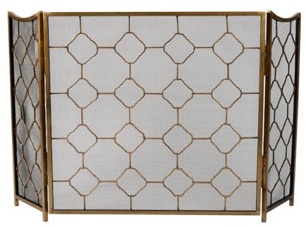 Three Fold Fire Guard Quatrefoil Fireplace Spark Protection Screen Fire Surround Brass Finish Vintage Style Adjustable Fireplace Cover for Fireplaces, Log Burners & Stoves
