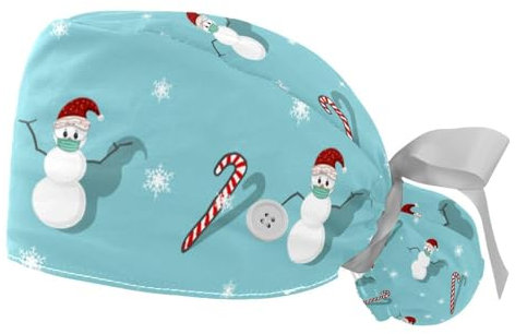 2 Packungen Scheuermütze für Damen, Weihnachtsschneeflocke, Arbeitskappe mit Knopf, verstellbarer Raffhalter, Mütze, Operation, Krankenschwester, Mehrfarbig 9, S-3XL