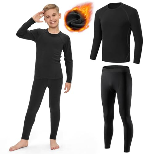 AUYAO Ensemble de Sous-Vêtement Thermique Enfant, Hiver T-Shirt à Manches Longues&Leggings Set, Vêtement Thermique Sport Respirants Thermiques Ensemble pour Ski et Football pour Garçon et Fille(30)