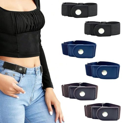 Lot de 3 paires de ceintures élastiques réglables sans boucle invisibles pour pantalon à dégagement rapide pour jeans - Ceinture extensible pour homme et femme, Noir, bleu foncé, marron, taille unique