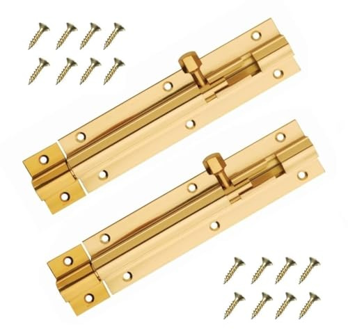 2 Pack Door Bolt Polished Brass Barrel Slide Lock 150mm [6''] Latch with Screws Ideal for Internal and External Doors Locks Bedroom Bathroom Toilet Shed Gate Cupboards Cabinets - 150mm, Polished Brass