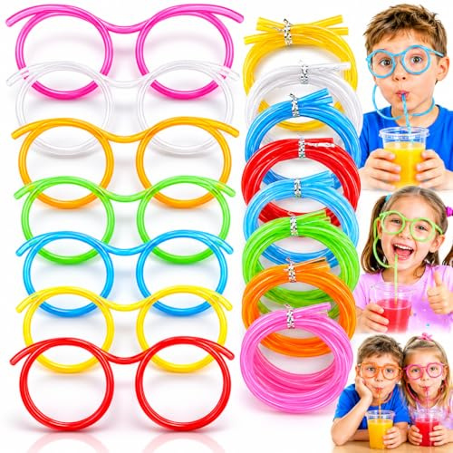 FLAVNTEL 8 Pezzi Cannuccia Occhiali, Riutilizzabili Cannuccia, Cannucce Plastica Sciocche Divertenti Colorati Bicchieri di Paglia, per Bambini Festa Annuale Riunione Feste Compleanno