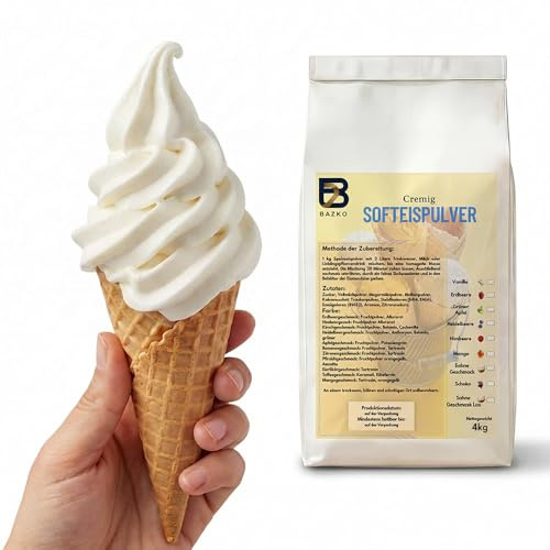 Bazko Poudre de Glace Crème | Préparation pour Crème Glacée pour Machine | 4 kg pour 12 kg de Glace | 1:2 | Ajouter Uniquement de l’eau | Crémeux