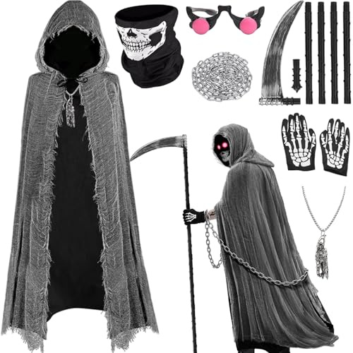 Superum Set costume Mietitore - 7pcs - Mantello da Mietitore fantasma con maschera, falce, catena, occhiali rossi e guanti, costume di Halloween per bambini, costumen da Ragazzo Mietitores,Ragazza