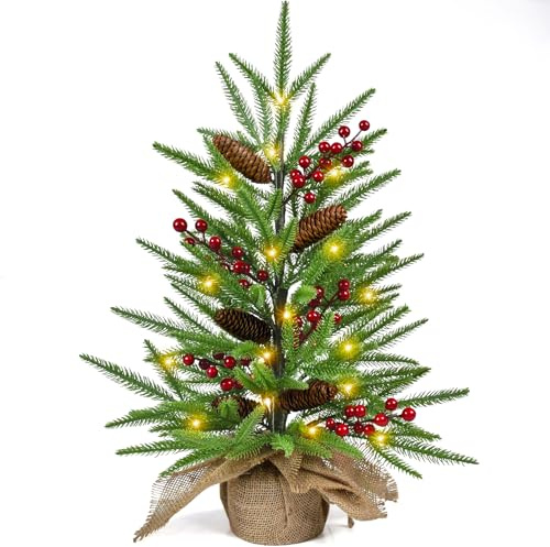Weihnachtsbaum Mini Künstlich 60cm mit Beleuchtung, rote Beeren Zweige, Beinhome Kleiner Tisch Tannenbaum, Weihnachtsdeko, mini Christbaum für Advent Weihnachtsdeko Innen Büro