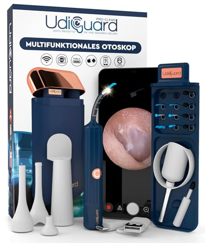 Otoscopio Limpiador de Oídos con Cámara 10MP HD y WiFi - Endoscopio Digital Flexible UdiGuard Pro-Clean Eliminación de Cerumen - Pinzas y Puntas Reemplazables Kit Otorrinolaringología Adultos y Niños