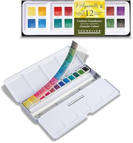Sennelier Aquarelle Extra-Fines, selection couleurs granuleuses,12 Demi-Godets Boîte en métal et 2 cartes
