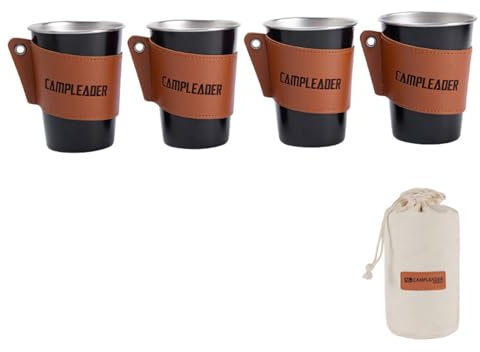 PKRANZYHKAL Juego 4 Piezas Vasos Acero Inoxidable 304 | Taza Camping Multiusos, Vasos Cerveza Fría, Taza Café Caliente | Ultra Ligeros Eco (350ml),1ps,BLACK,BAG,LEATHER CUP SLEEVE