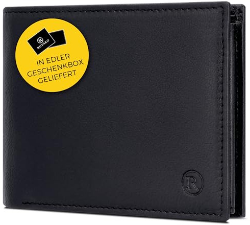 RUTAKO Leder Geldbörse Herren mit RFID Schutz - Portemonnaie Groß mit Münzfach - Echtleder Geldbeutel für Männer - Brieftasche Wallet Portmonee Schwarz