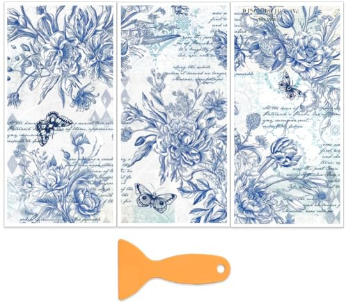 OLYCRAFT 3 Stück/Set Blaue Rosen Transferfolien Zum Aufreiben Für Möbel Und Bastelarbeiten 15x30cm Vintage Blumen Möbelaufkleber Transferaufkleber Zum Aufreiben Mit 1 Teiligem Schaber
