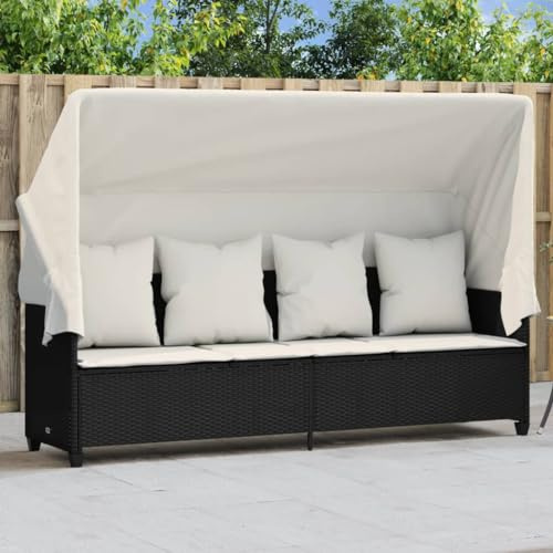 HaoChrymec Sonnenliege mit Dach und Kissen Schwarz, PE-Rattan, 3-Fach verstellbare Rückenlehne, Ausziehbares Sonnendach, Strand Liege, Camping Liegestuhl, UV-beständig, 204 x 75 x 140 cm