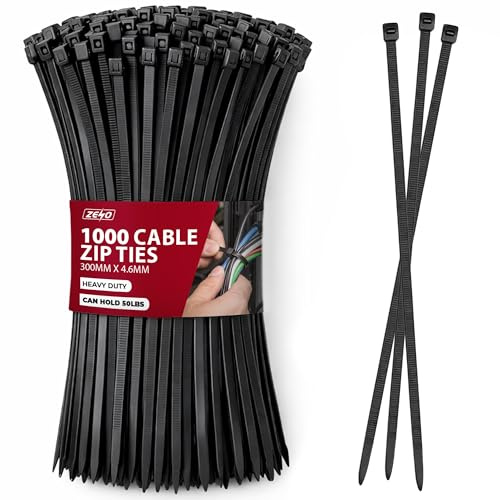 ZENO Cable Ties Black 1000 Pack | Heavy Duty Zip Ties with 50lb Holding Strength | Self Locking Nylon Tie Wraps for Home Office Garden and Electrical Use | Black Cable Ties 300mm x 4.6mm