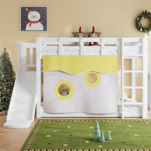 Merax Litera con tobogán, cama de madera con escalera, vallas y cortina de cama, cama infantil con protección contra caídas, MDF y pino, blanco, 90 x 200 cm