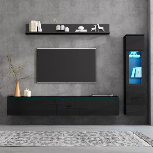 Merax Ensemble de 3 meubles de salon avec éclairage LED - Noir brillant - Armoire TV - Vitrine de salon et étagère suspendue pour téléviseur jusqu'à 200 cm - Ensemble de meubles modernes pour le salon
