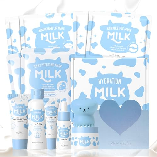 Milk Skincare Kit, 12pcs Set Regalo Mujer Cuidado Facial, Rutina de Belleza para Adolescentes, Uso Diario, Hidratación, Piel Suave, Formato para Viaje
