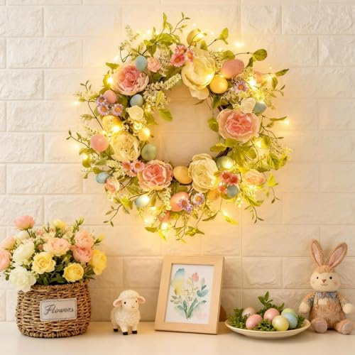 Türkranz Ostern Beleuchtet, Osterkranz Haustür mit LED Licht Türkranz Frühling Blumenkranz Deko mit Lichterkette Ostertürkränze Frühlingsdeko Kranz Osterdeko Tür mit Beleuchtung Batteriebetrieben (A)